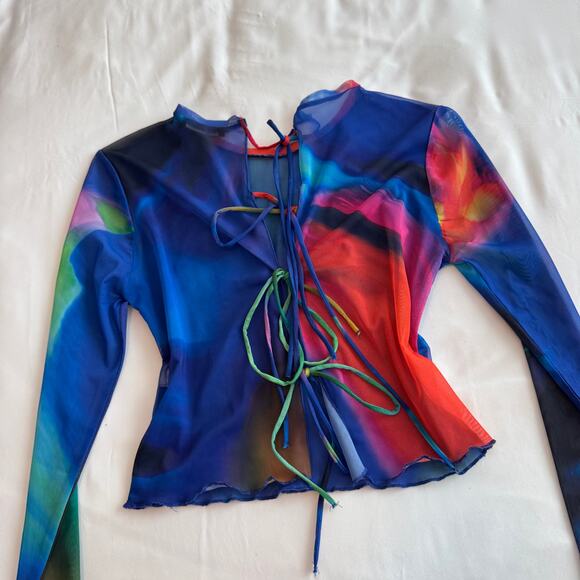 Zara Rainbow Mesh Lace-Up Back Cropped Sheer Top Women’s Size M - Picture 1 of 8
